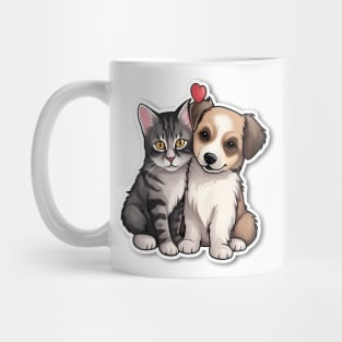 Adorable Puppy and Kitten Friendship Illustration Mug
